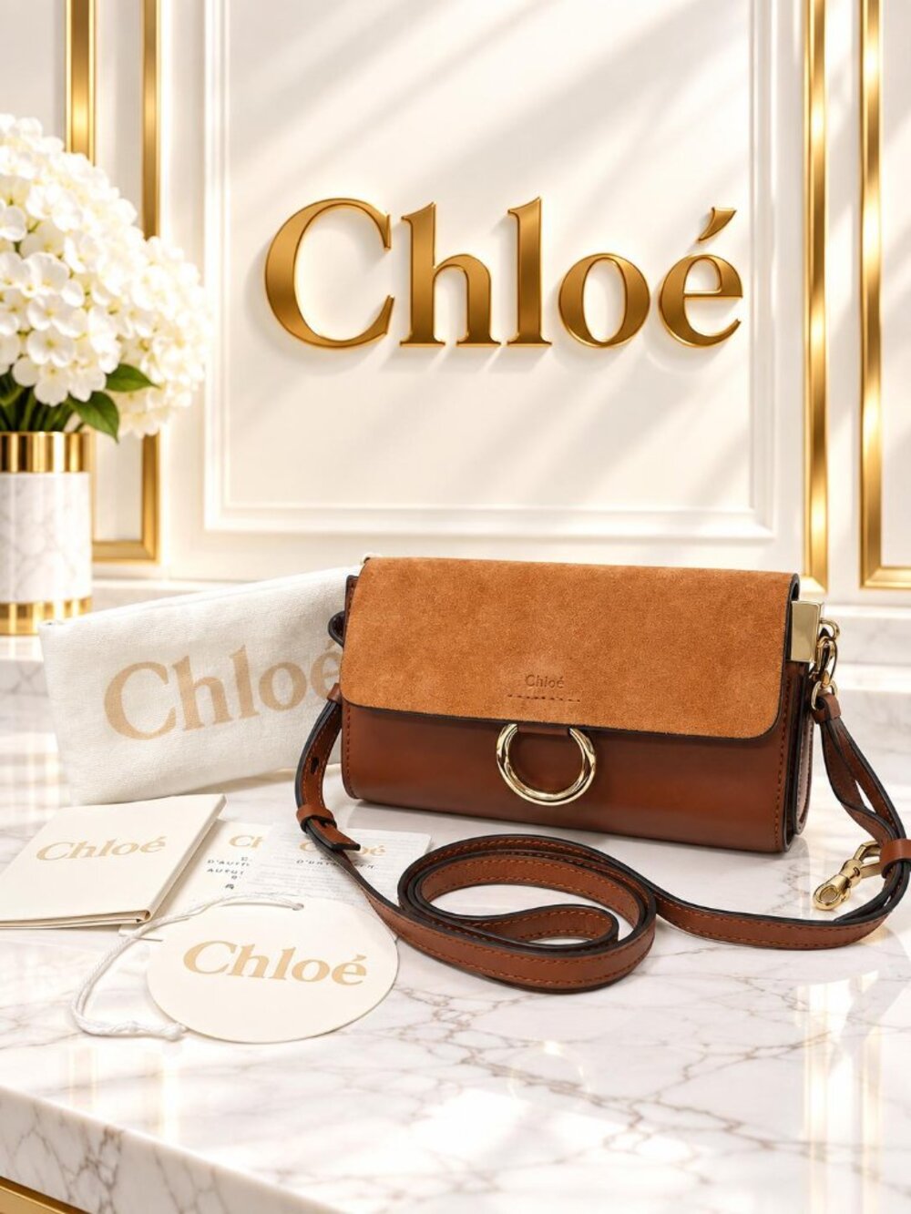 Authentic Chloé Faye Brown Suede Leather Crossbody Bag Gold Ring Luxury